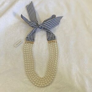 NWT Southern Living pearl necklace with black & white gingham tie detail